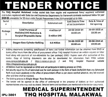 THQ Hospital Malakwal Tender Notice